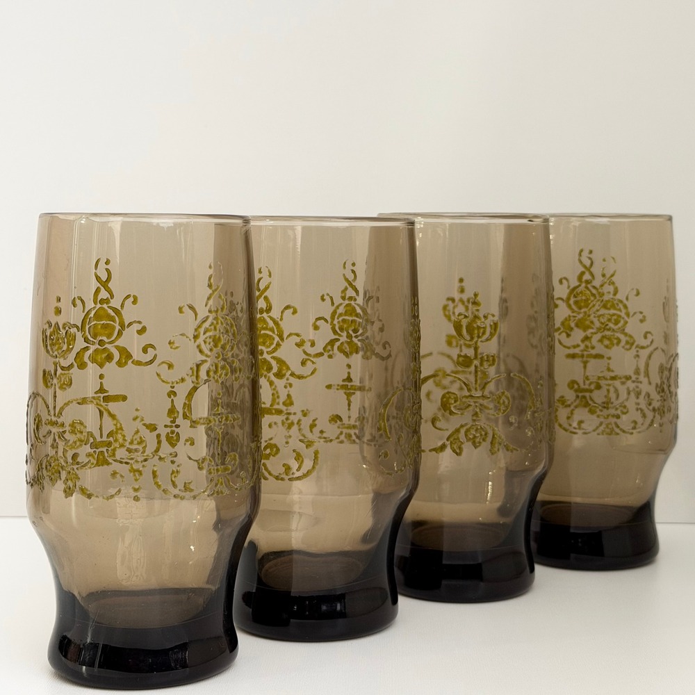Set of Four Vintage Libbey Glasses Smokey Brown Hand Painted Victorian Gold 12oz